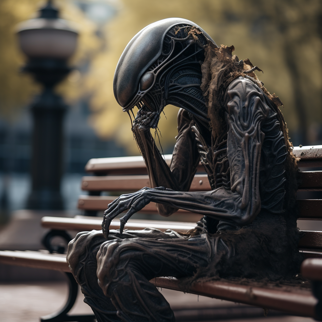 Xenomorph crying on a bench