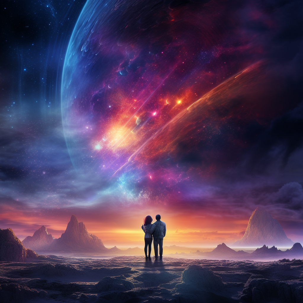 Loving couple on colorful planet