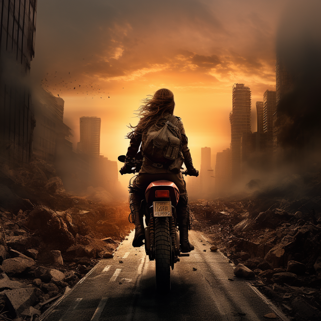 Female super villain on motorcycle in post-apocalyptic streets