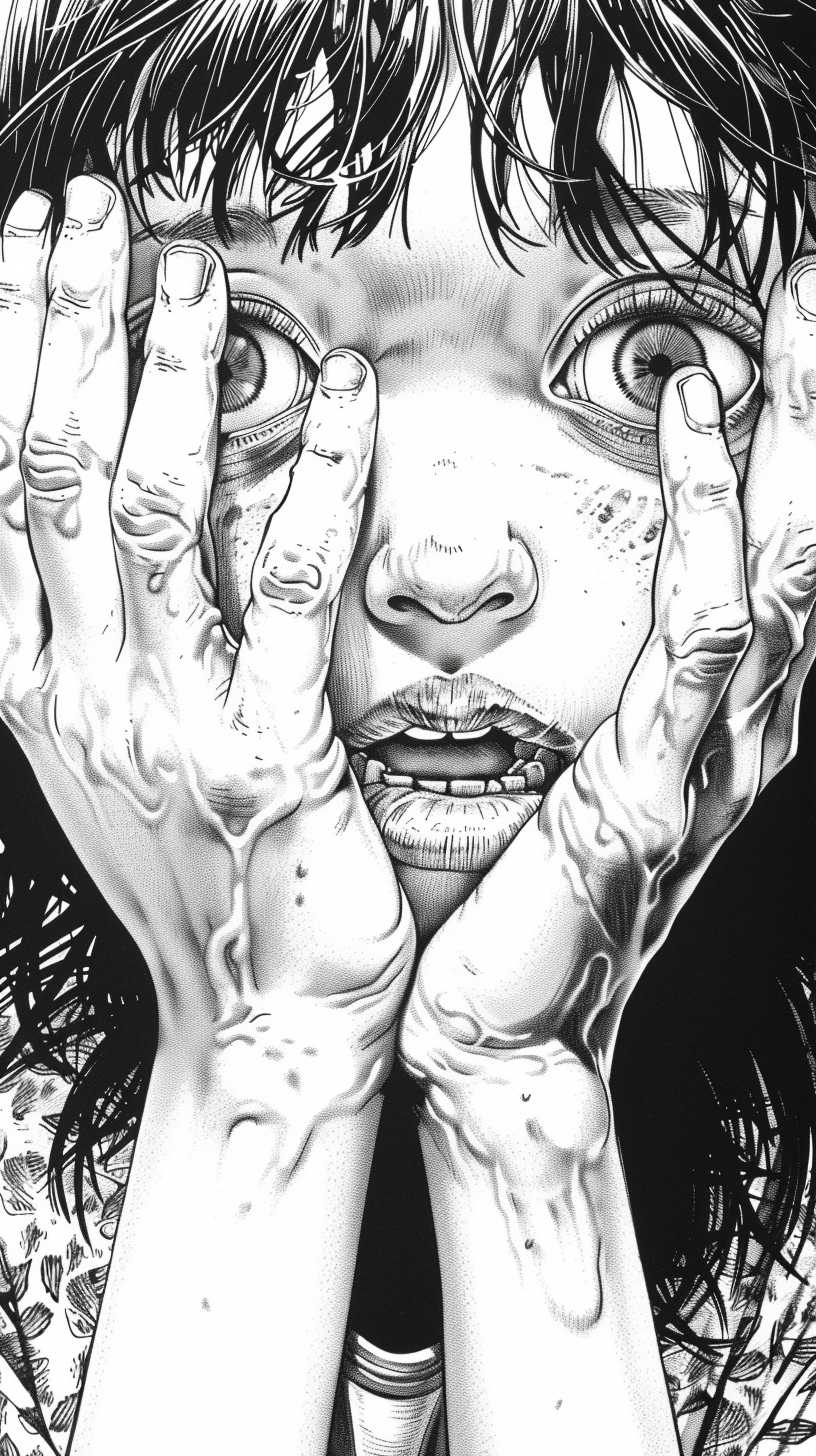 Junji Ito girl covering distorted face