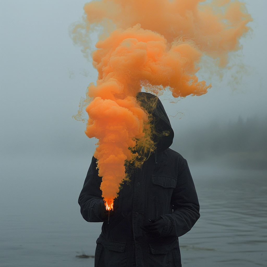 Person holding orange smoke flare