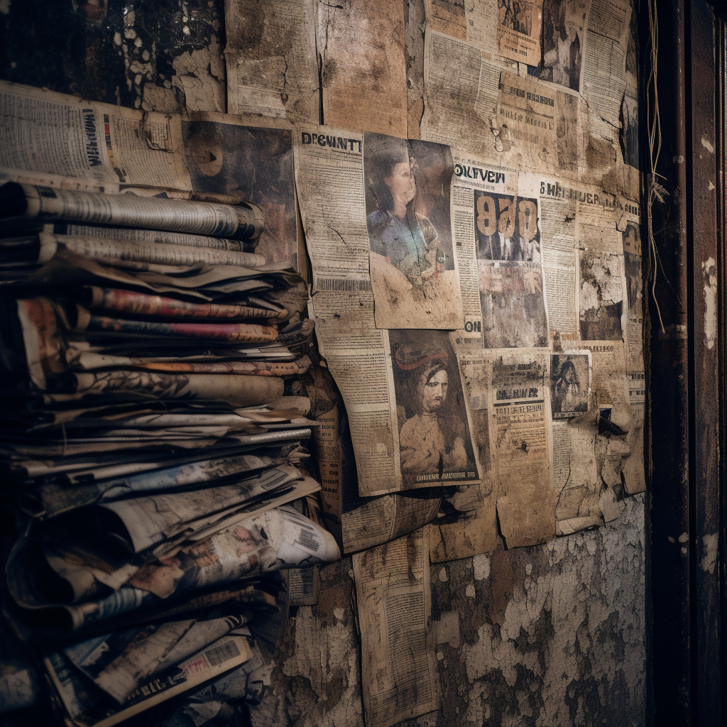 Distressed newspapers and punk magazine on wall