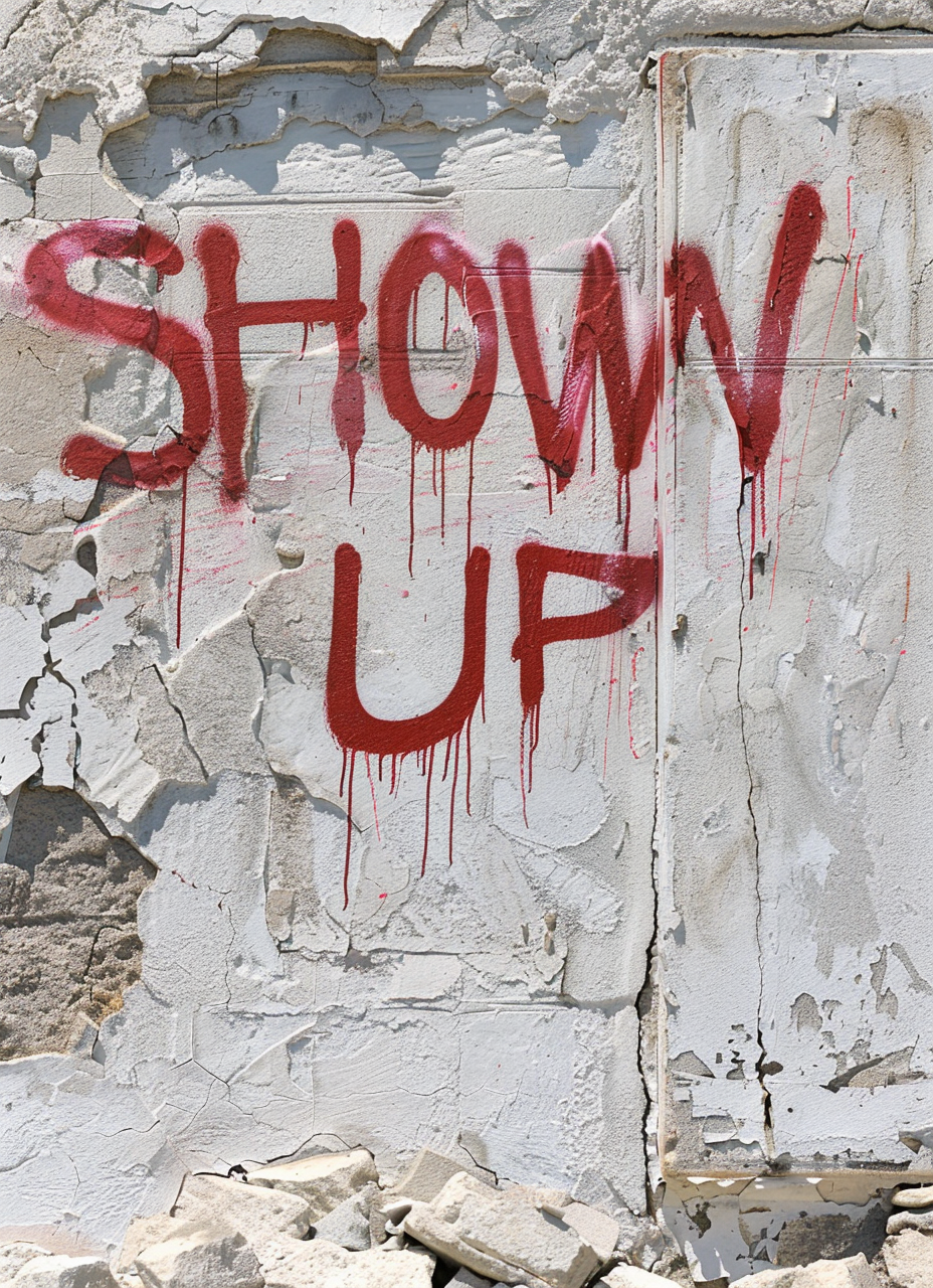 Distressed stucco wall red graffiti