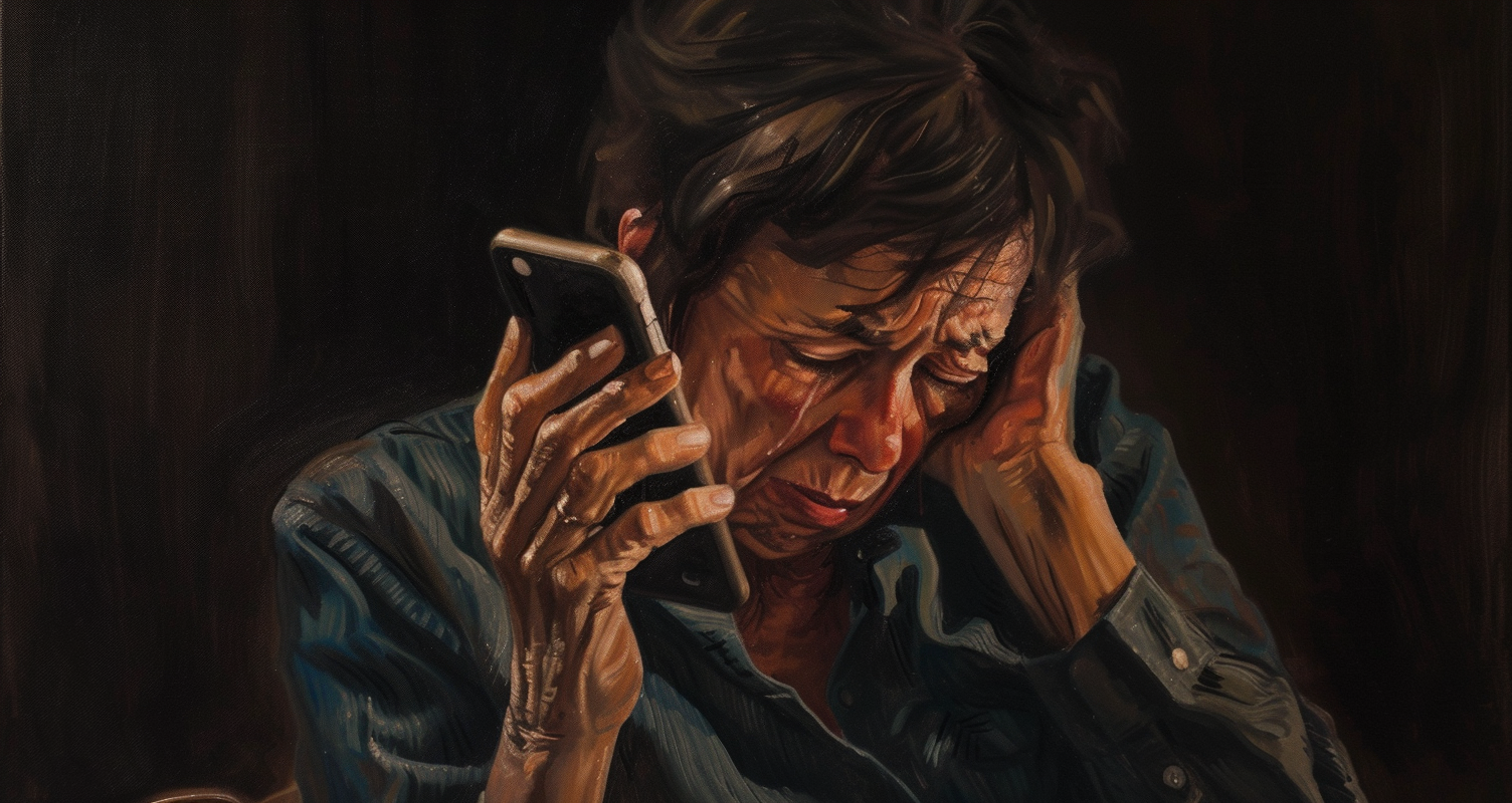 Distressed woman holding phone in dark room