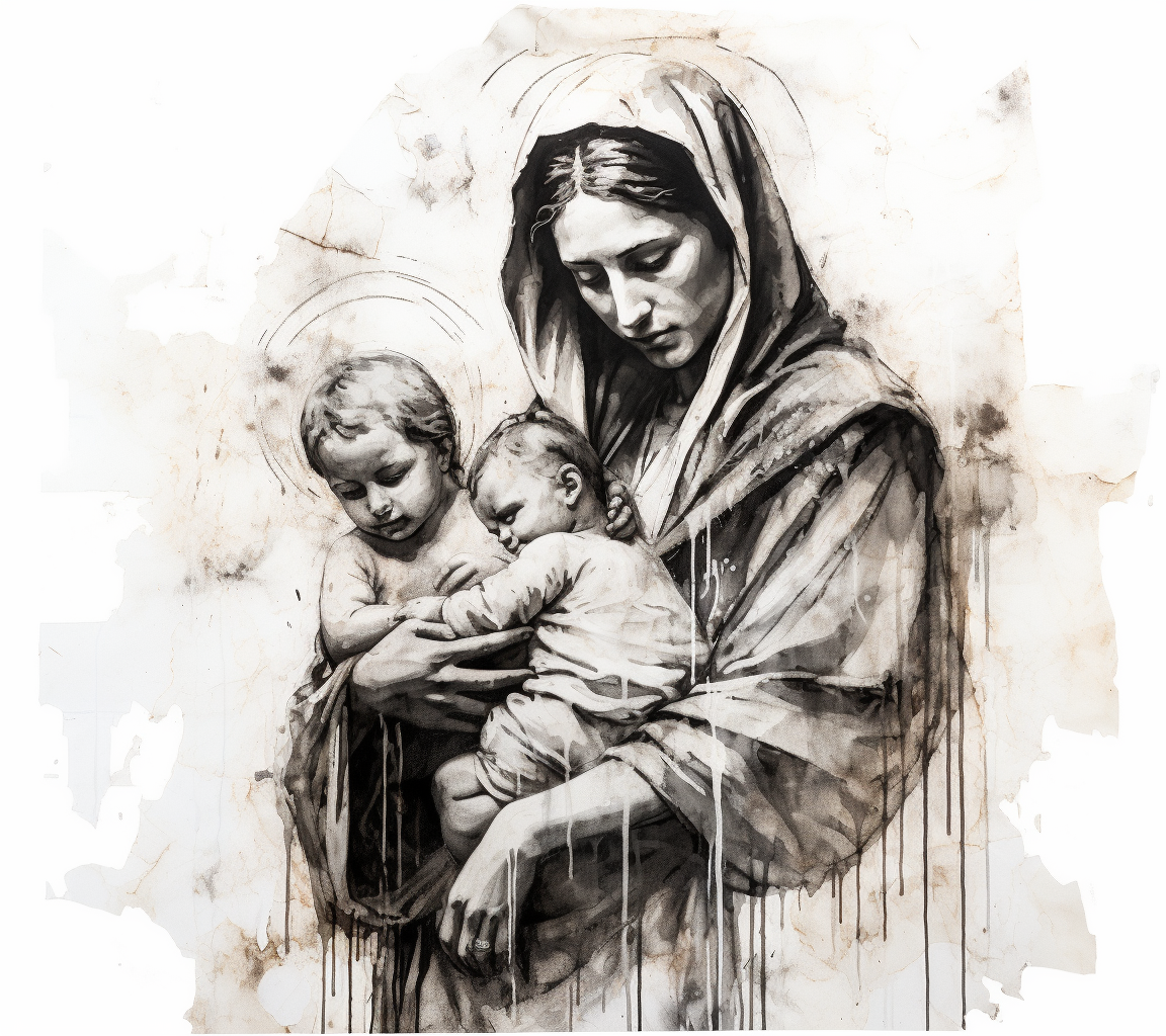 Graffiti drawing of Mary, Joseph, and Baby Jesus