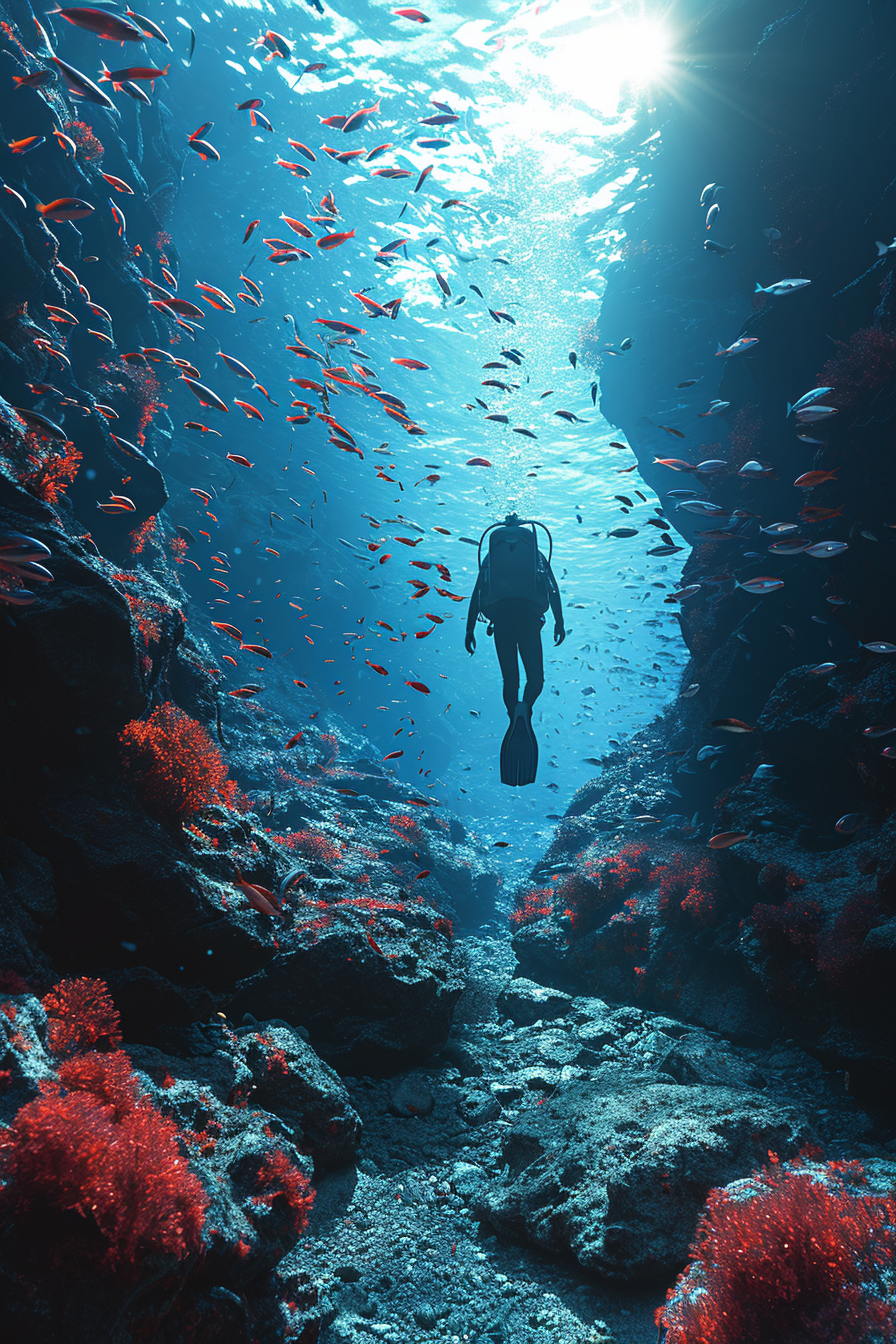 Illustration of diver with school of fish in heart shape