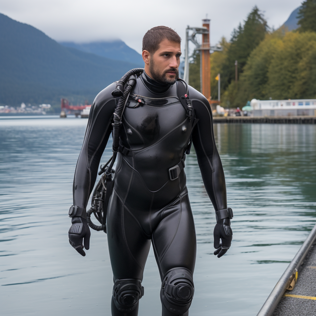 Muscular diver in rubber gear