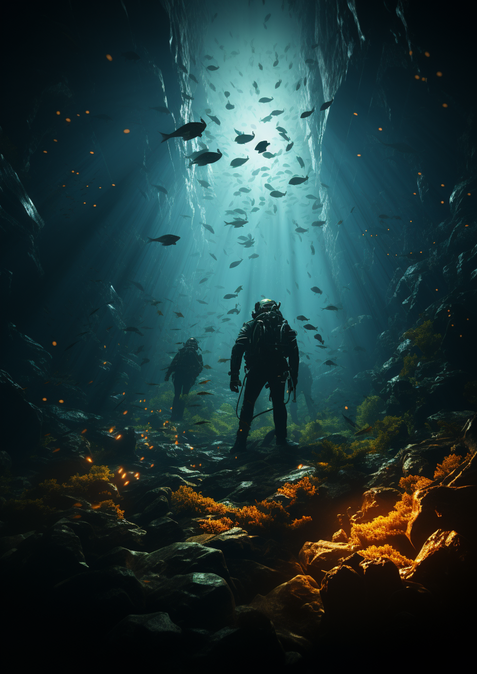 Realistic photo of divers deep diving in the ocean