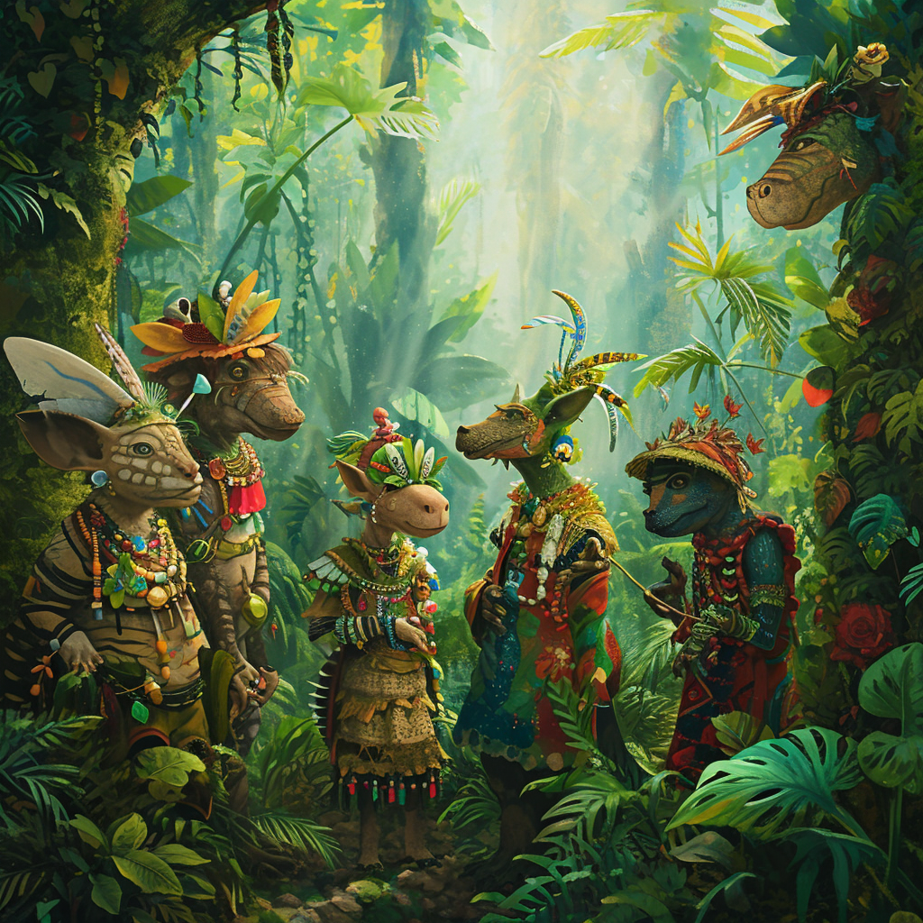 Colorful anthropomorphic jungle animals in rainforest