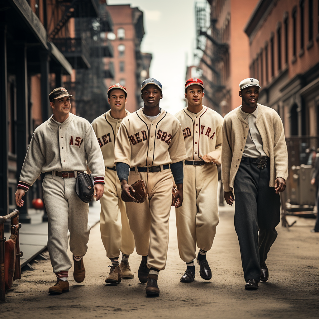 Diverse baseball players walking in a vintage city