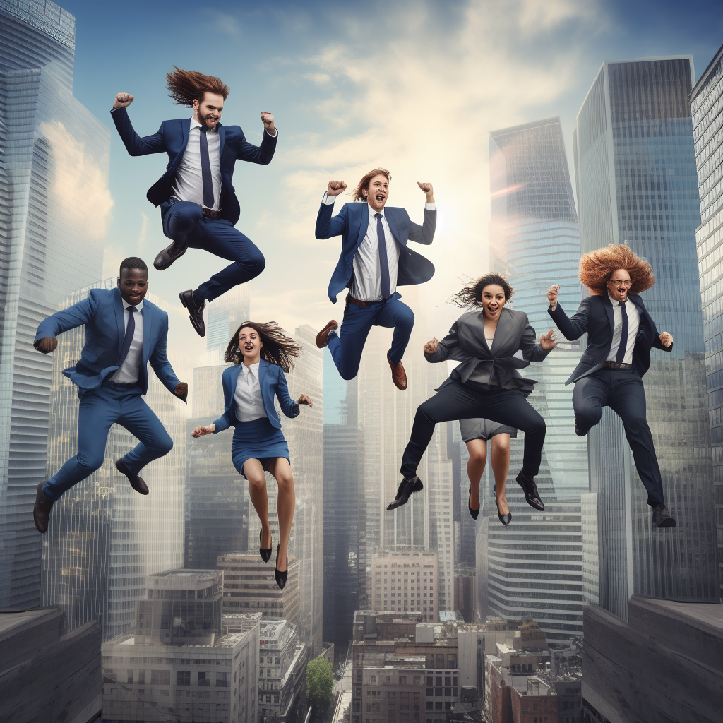 Diverse business team jumping across gap