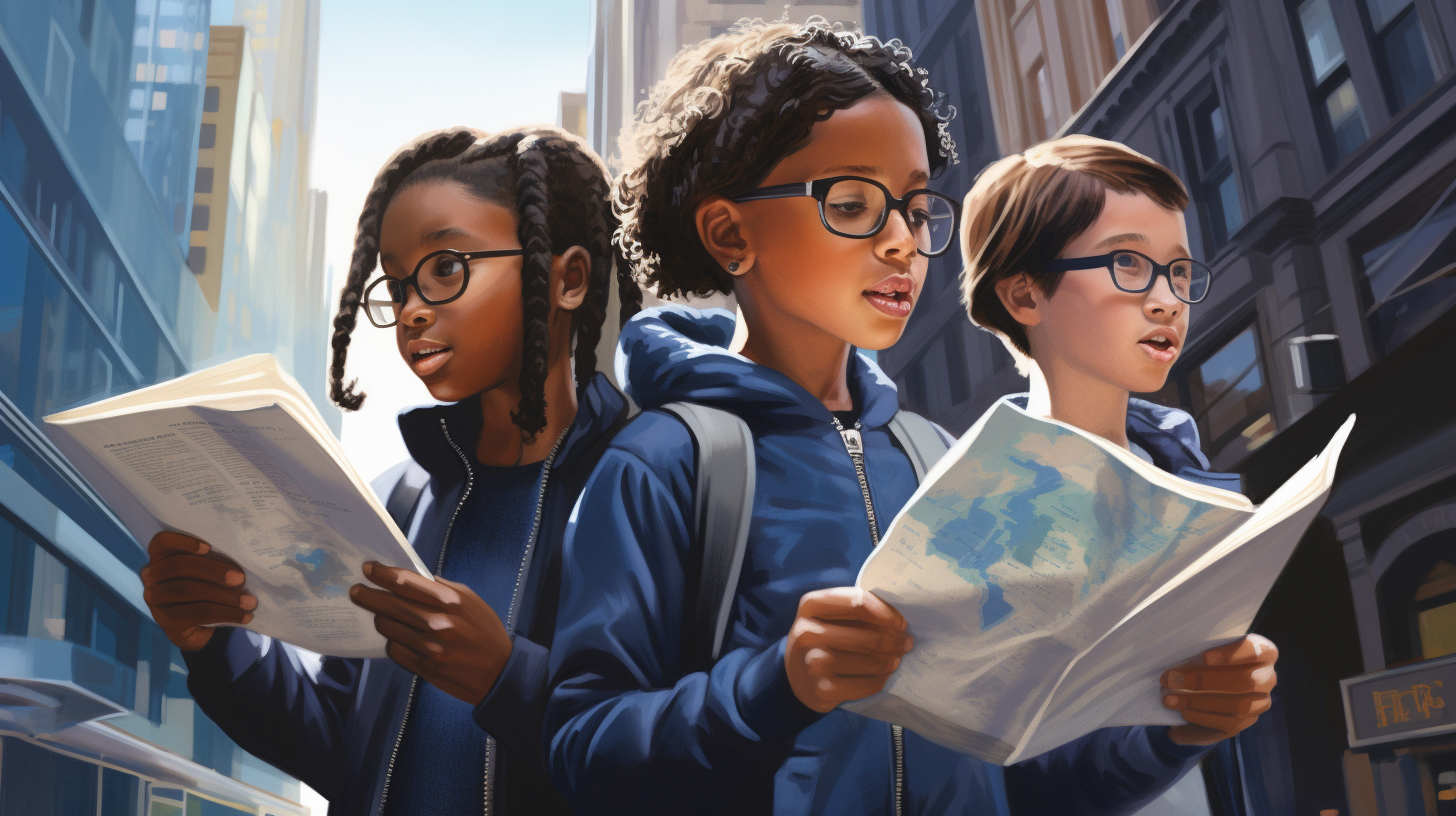 Diverse Children Holding Blue Pamphlets in City