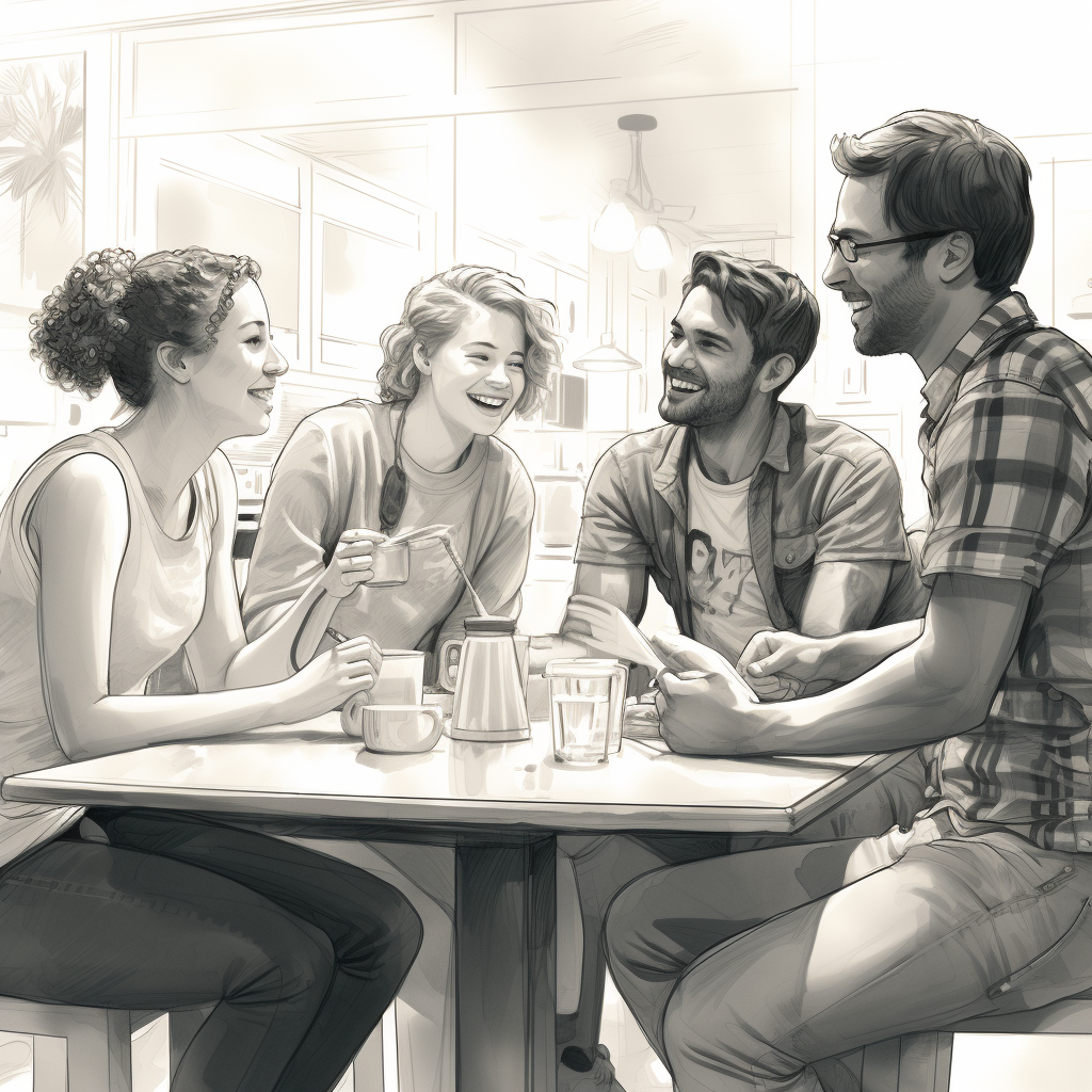 diverse group of college-aged people at kitchen table