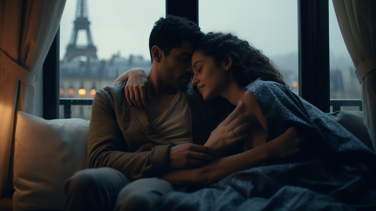 Diverse couple cuddling in rainy Paris