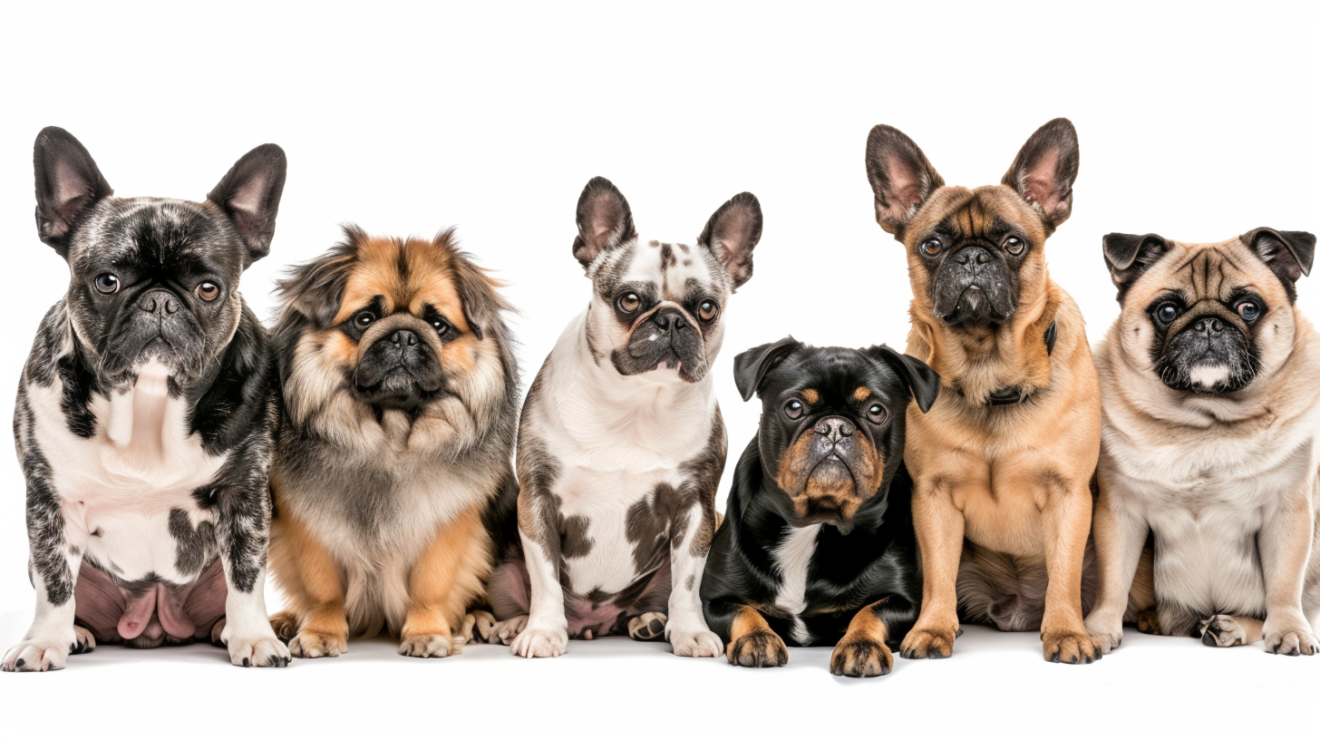 Six dogs diverse breeds white background