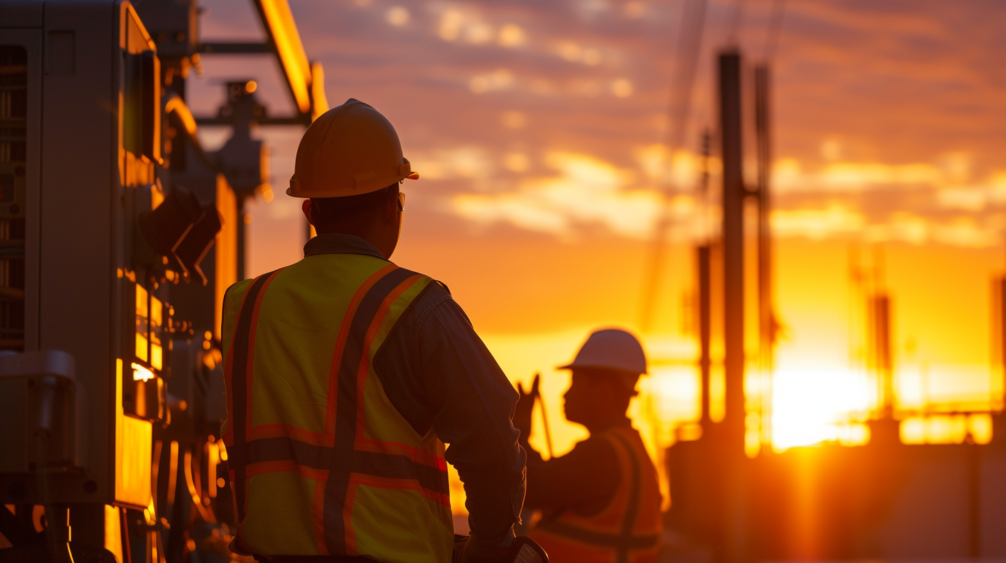 Electrical commercial contractors working during golden hour