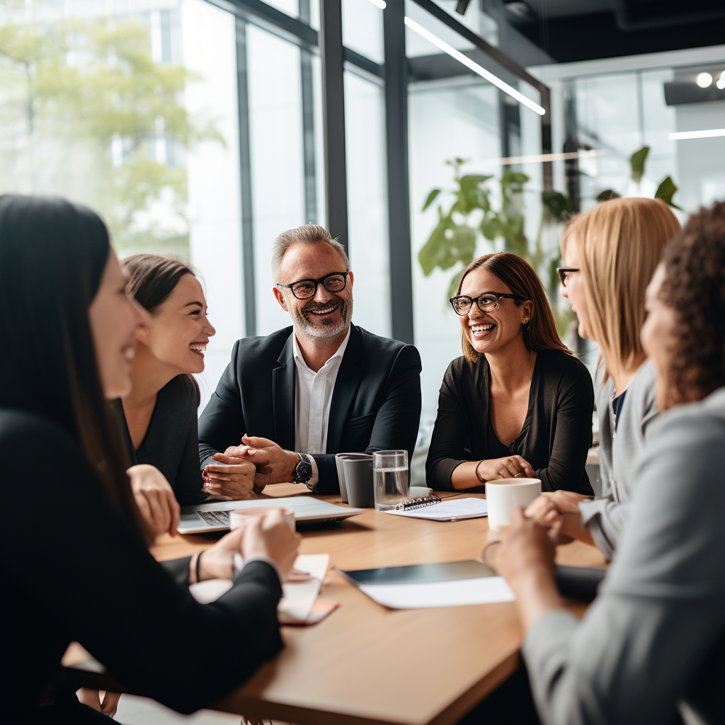 Executive team meeting, diverse professionals