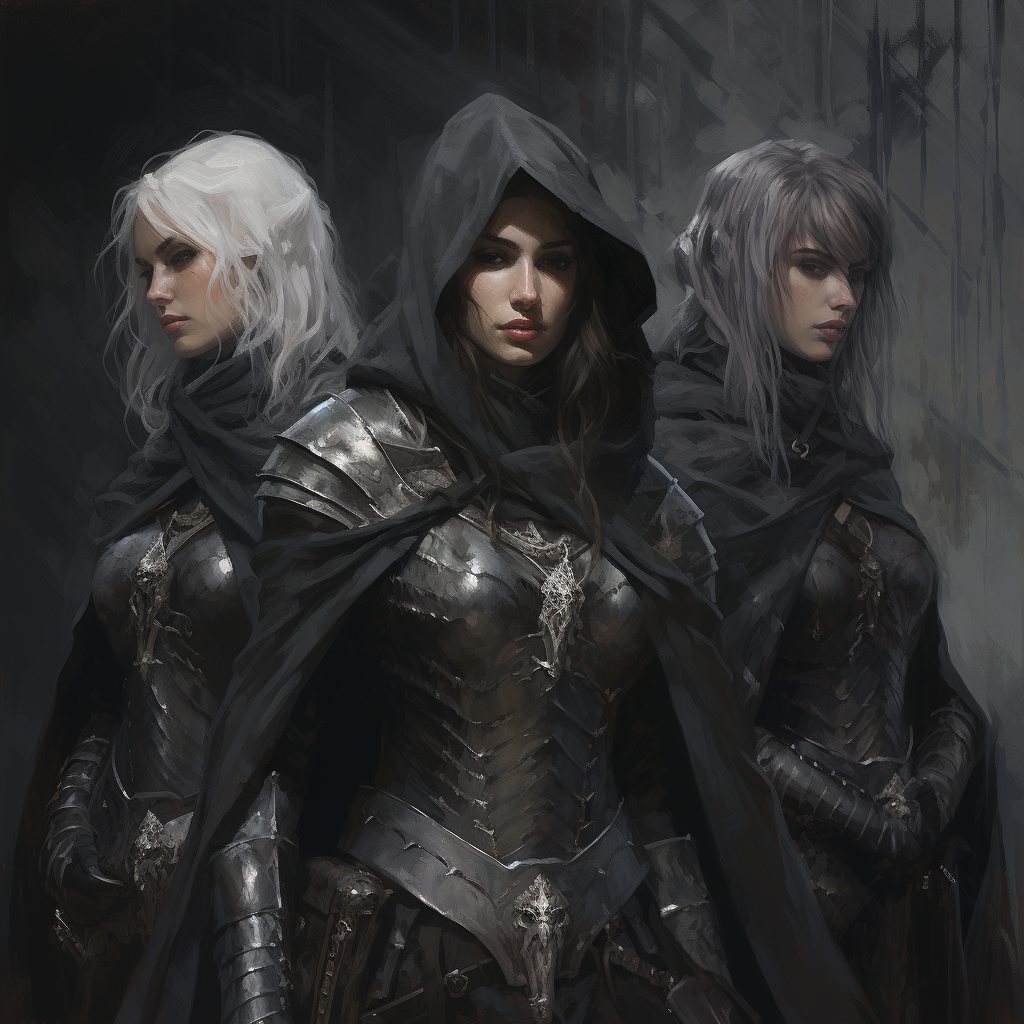 Diverse group of female knights in dark gray cloaks