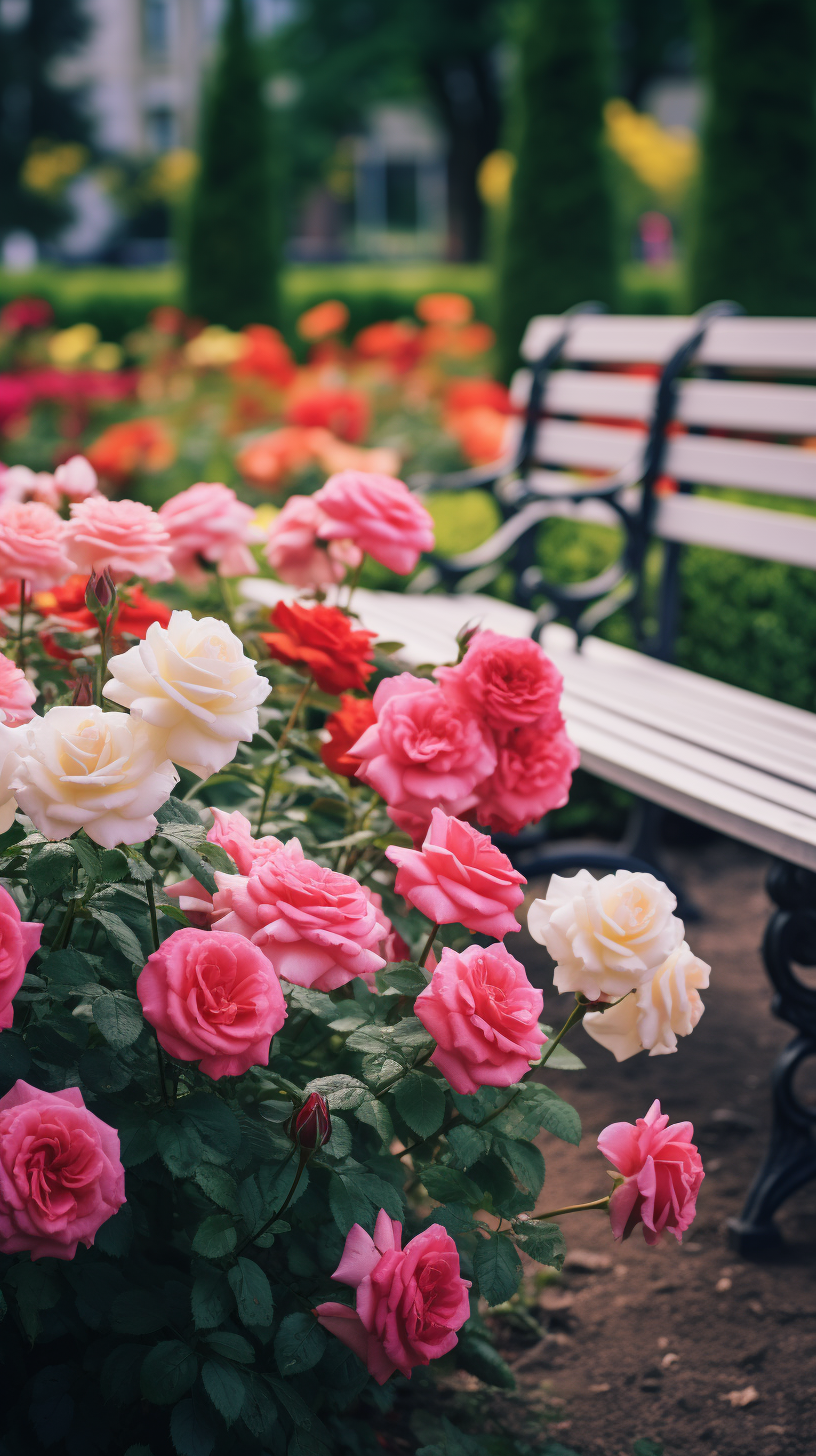 Colorful flowers in square garden with bench