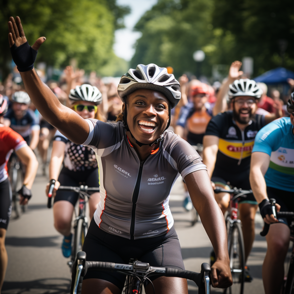 Diverse group cycling in charity event