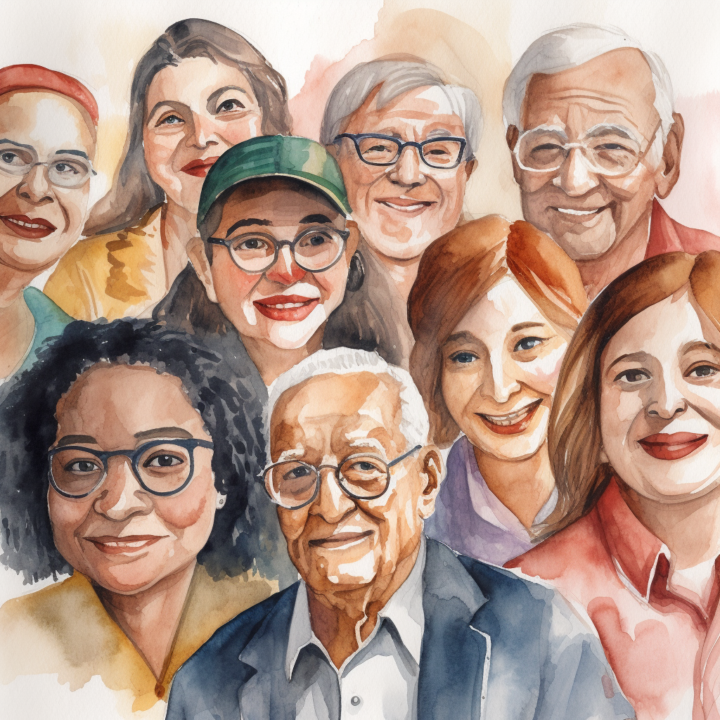 Happy diverse group smiling in watercolor