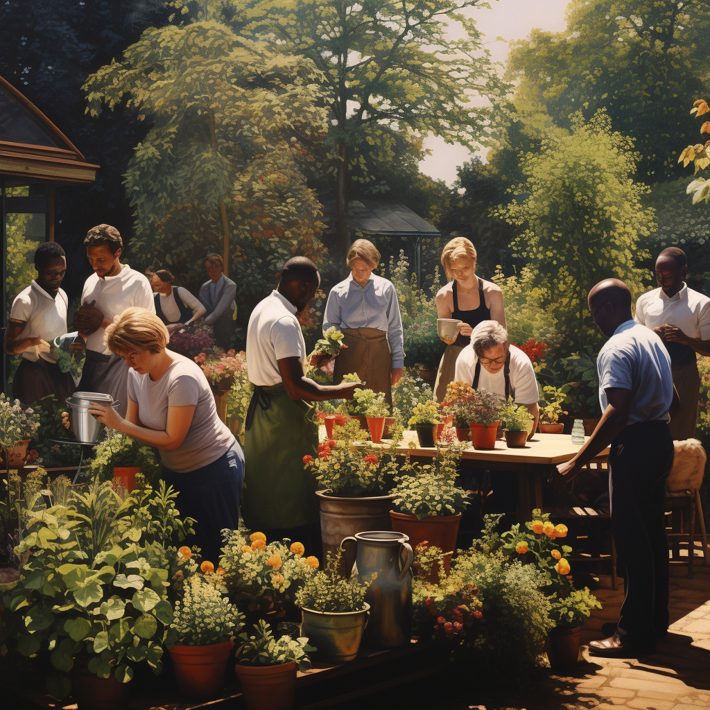 Diverse group working in garden