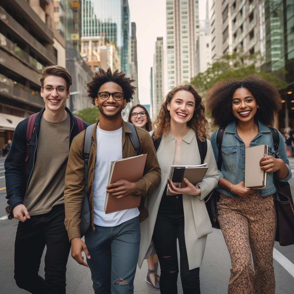 Group of diverse young adults walking in city