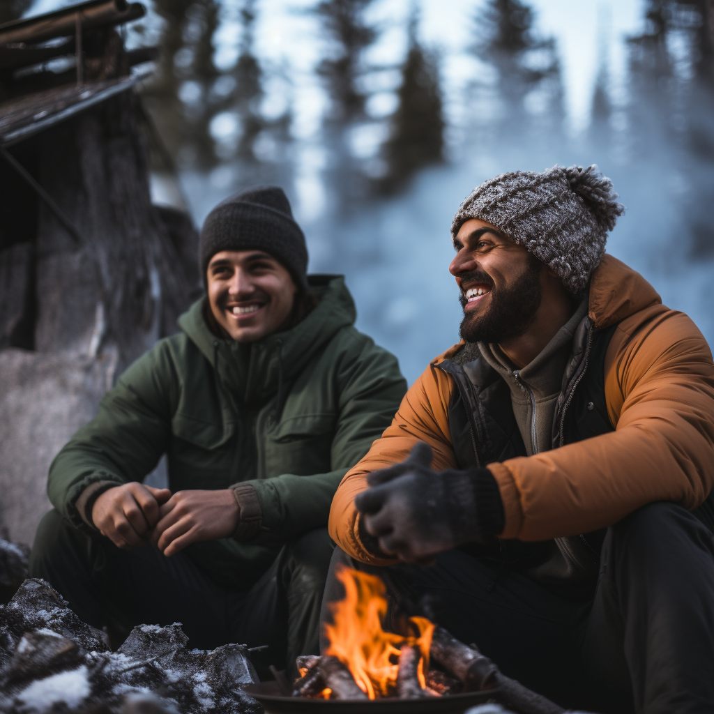 Diverse guys backpacking winter fire coffee