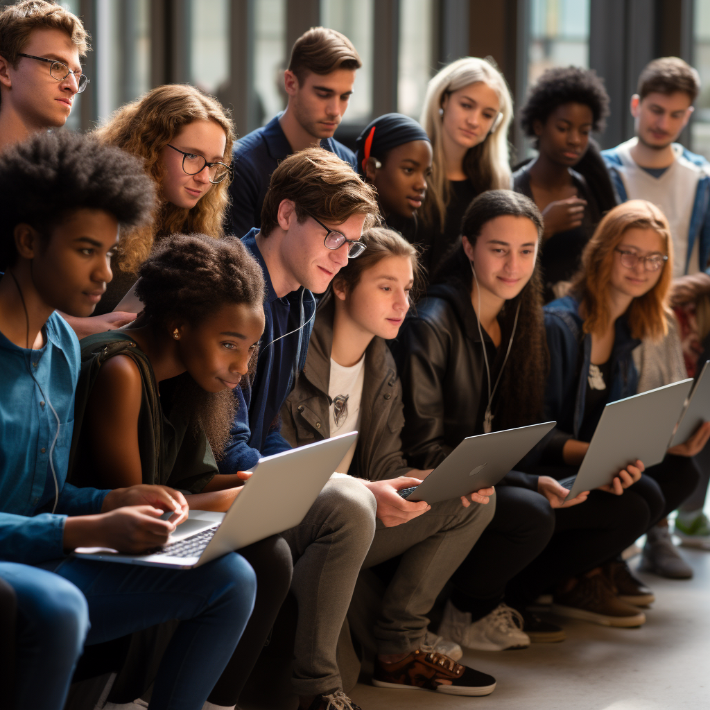 Diverse high school students using logoless Chromebooks