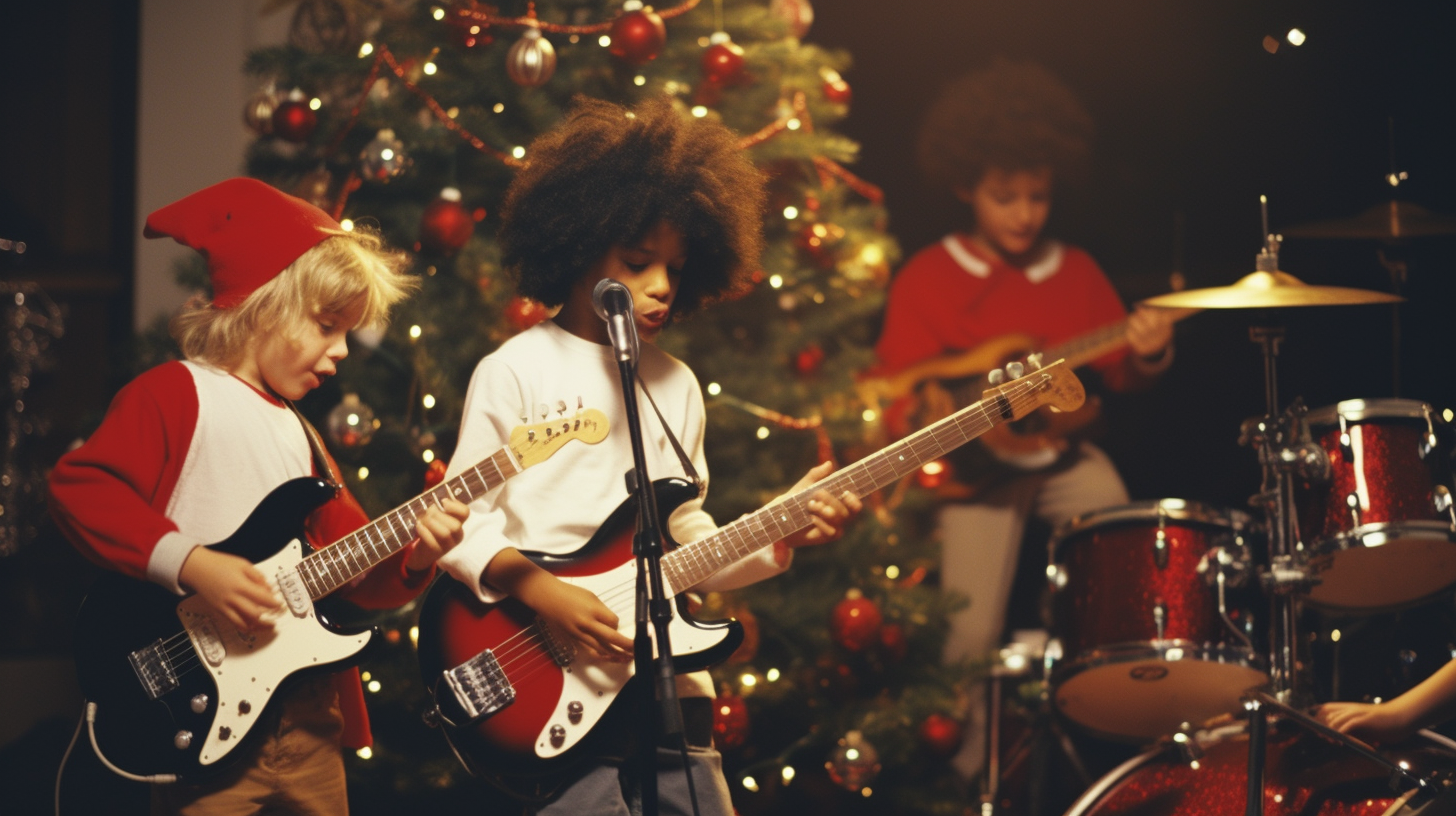 Diverse group of kids playing music at a Christmas party