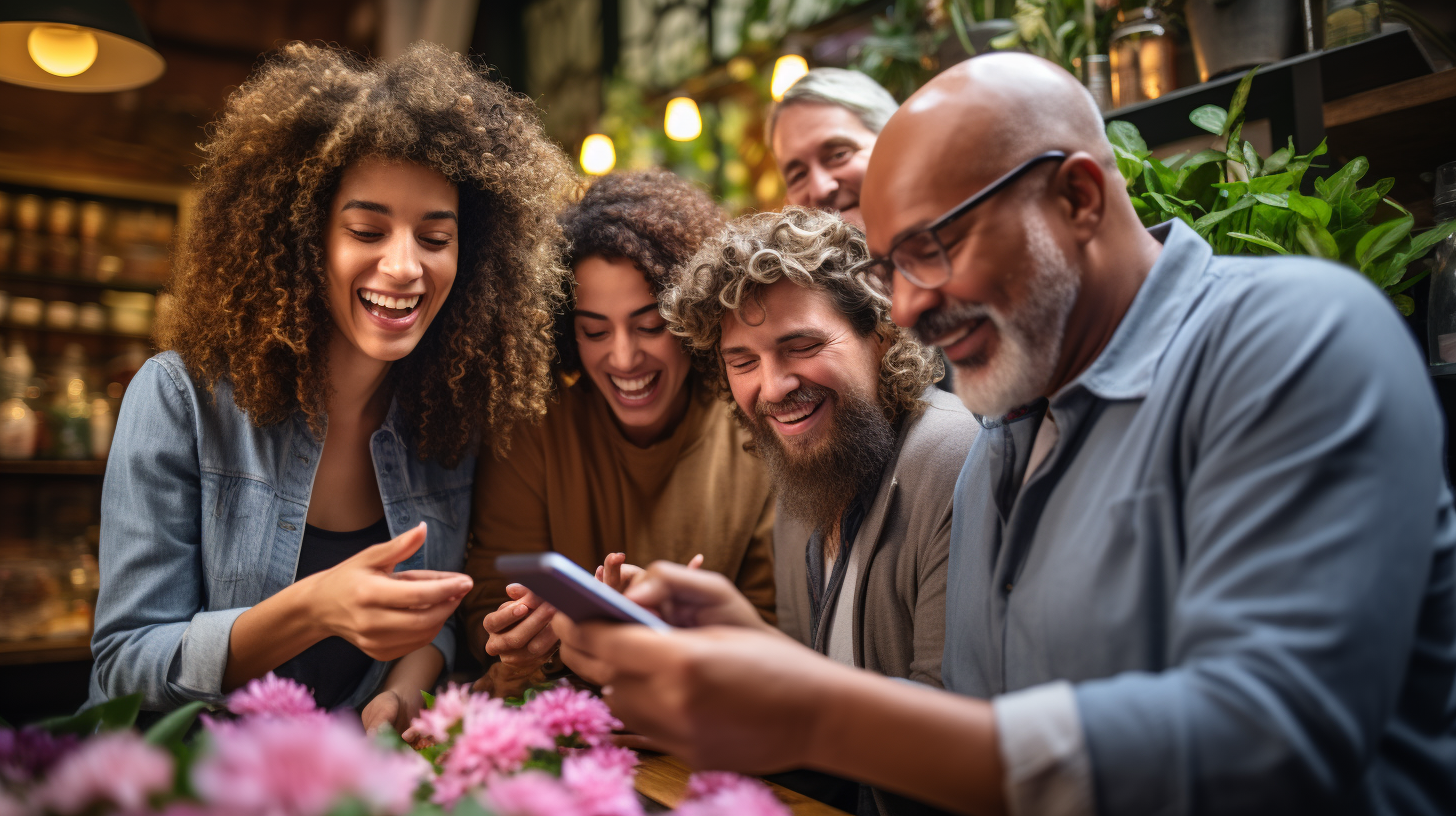 Diverse people huddled around cellphone image