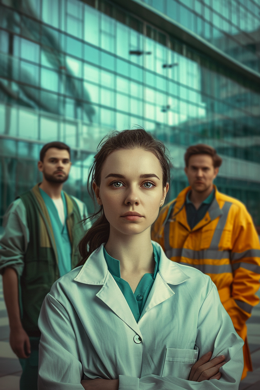 Diverse professional team in front of glass facade