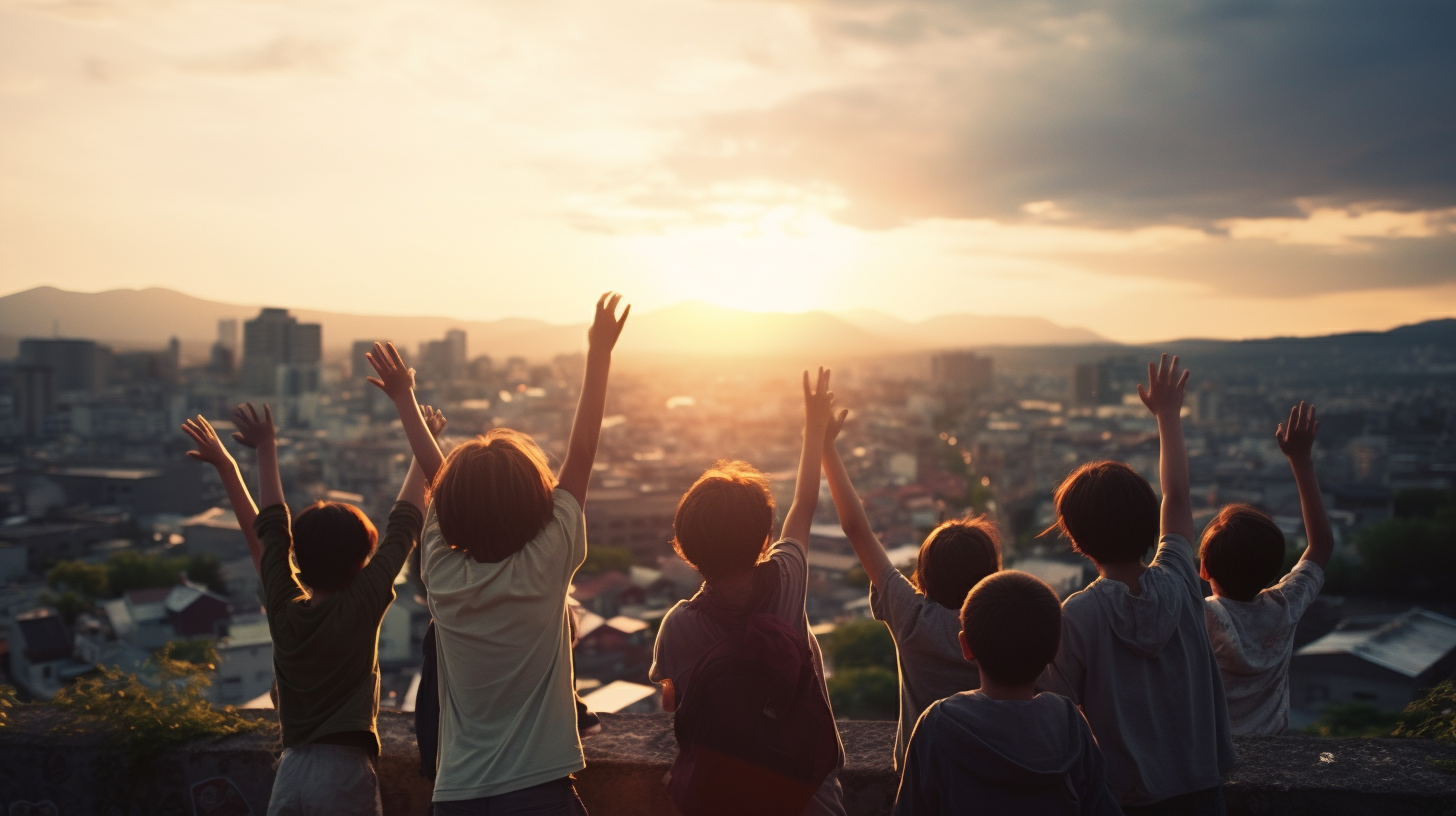 Diverse teenage kids looking over city at dusk