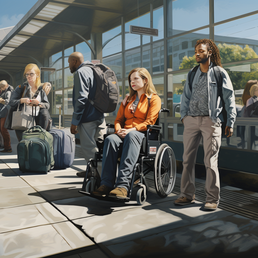 Diverse transit riders with luggage at train station