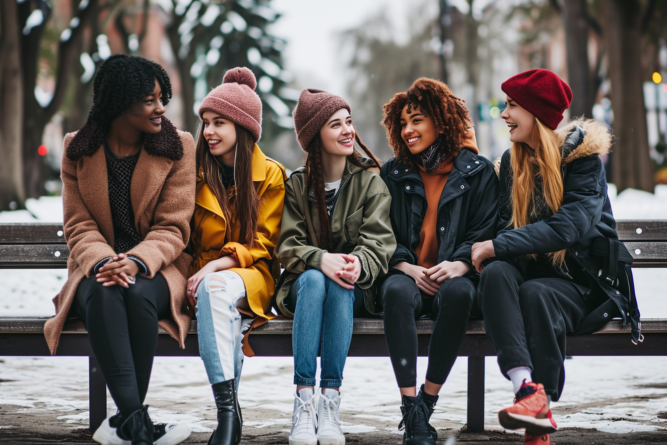 Four diverse young women sitting on park bench in winter