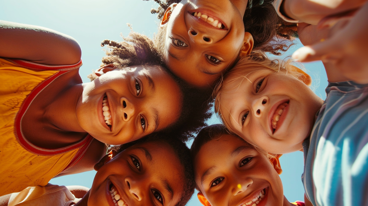 diverse children huddle smiling together