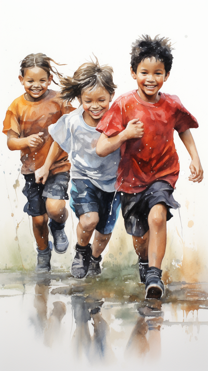 Realistic watercolor painting of diverse children playing football