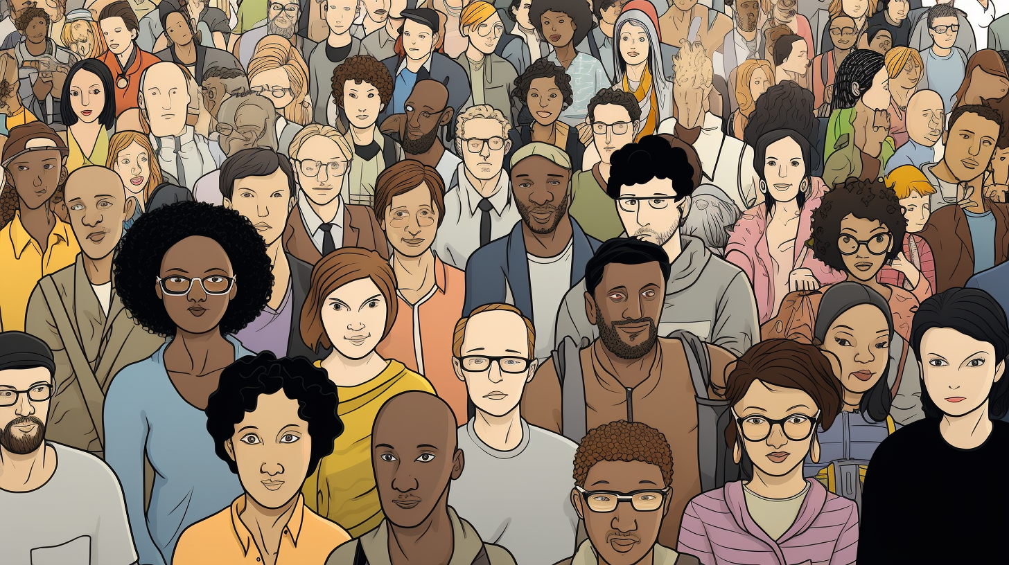 Cartoon illustration of diverse citizens gathering in a square