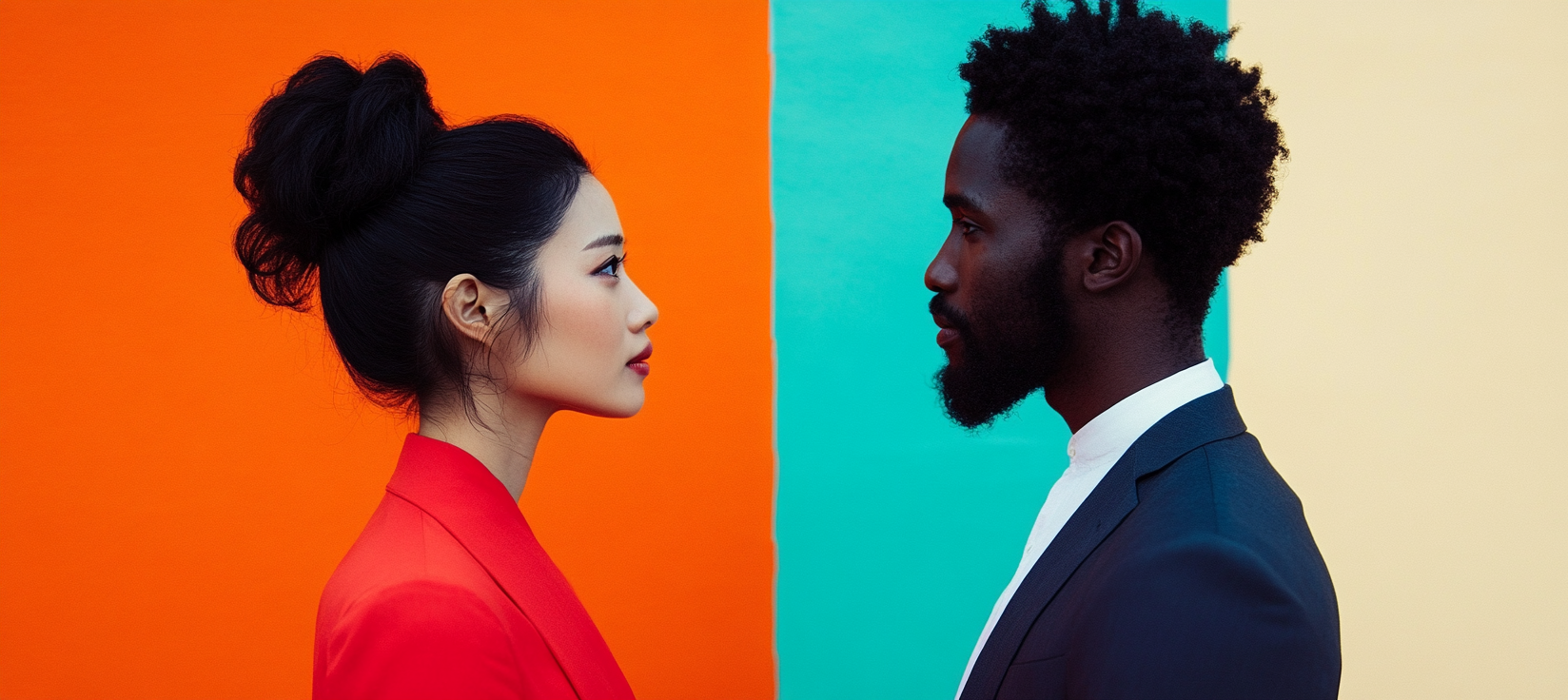 Japanese woman and African man facing each other