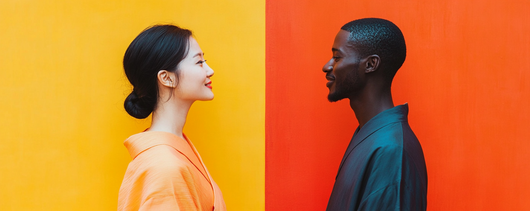 Japanese woman and African man smiling