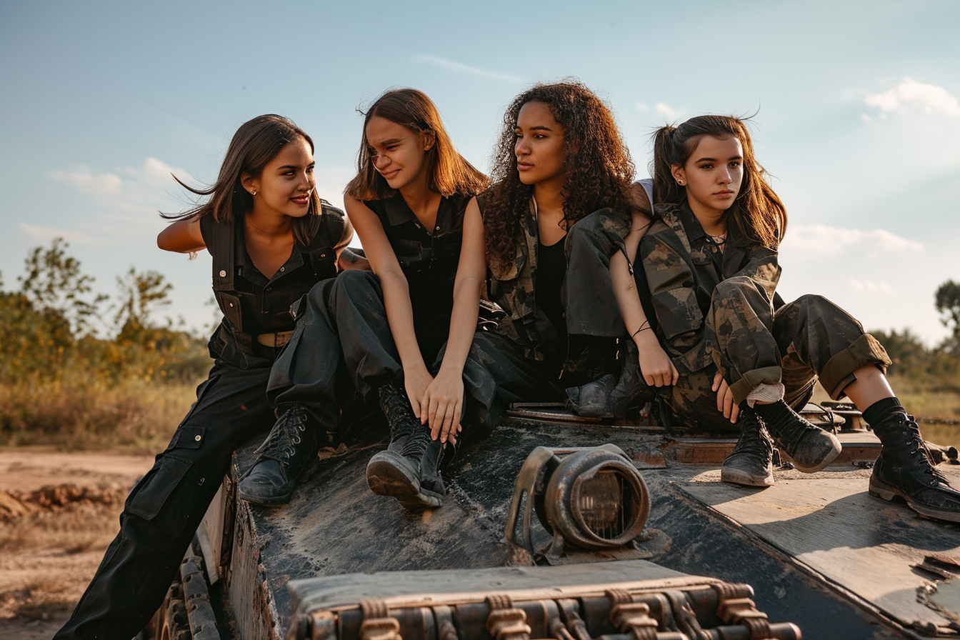 Four diverse Gen Z girls sitting on a WW2 tank