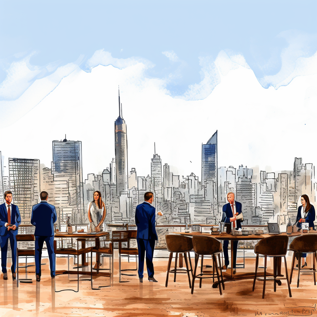 Diverse workers in office with skyline view