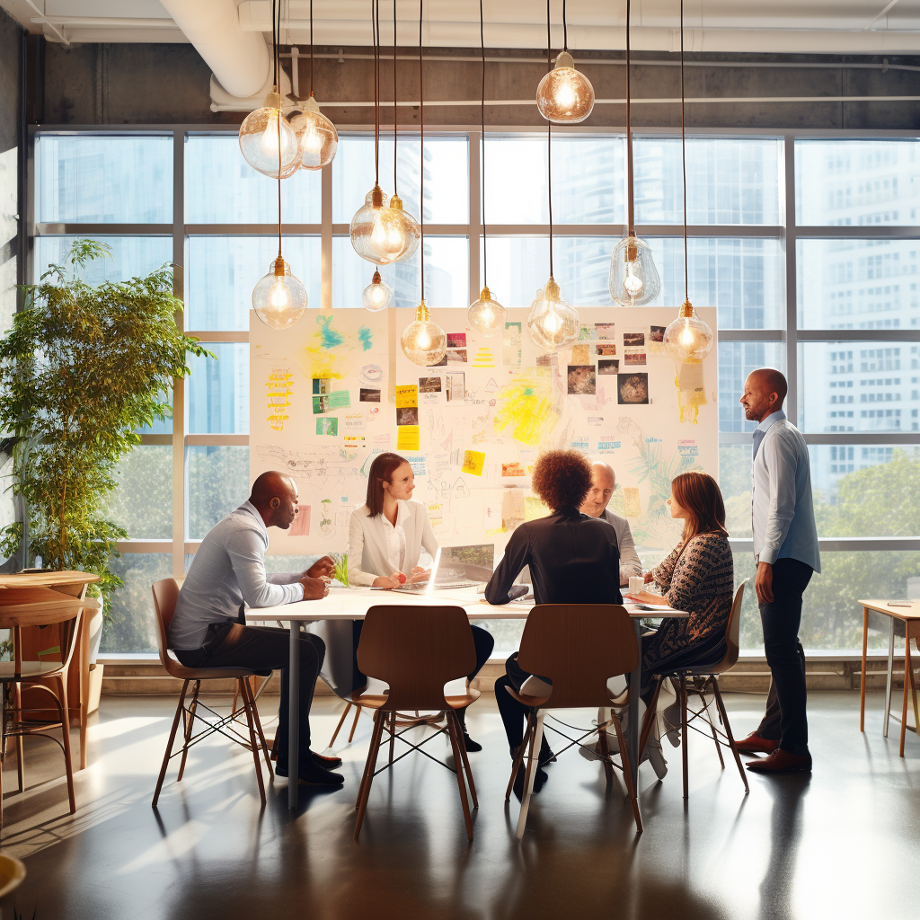 Diverse group brainstorming in bright office