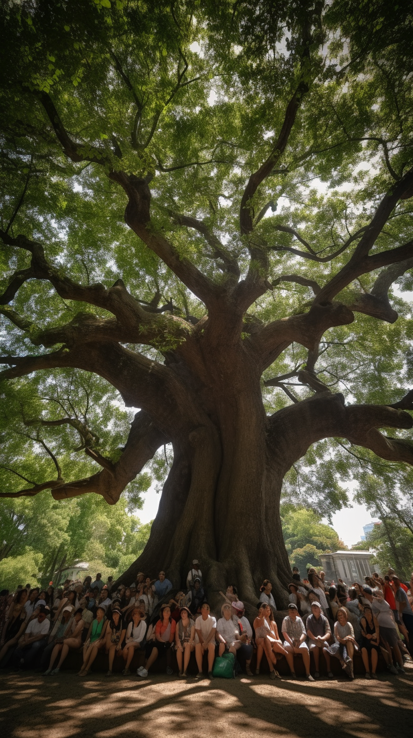 People of diverse ethnicities under oak tree