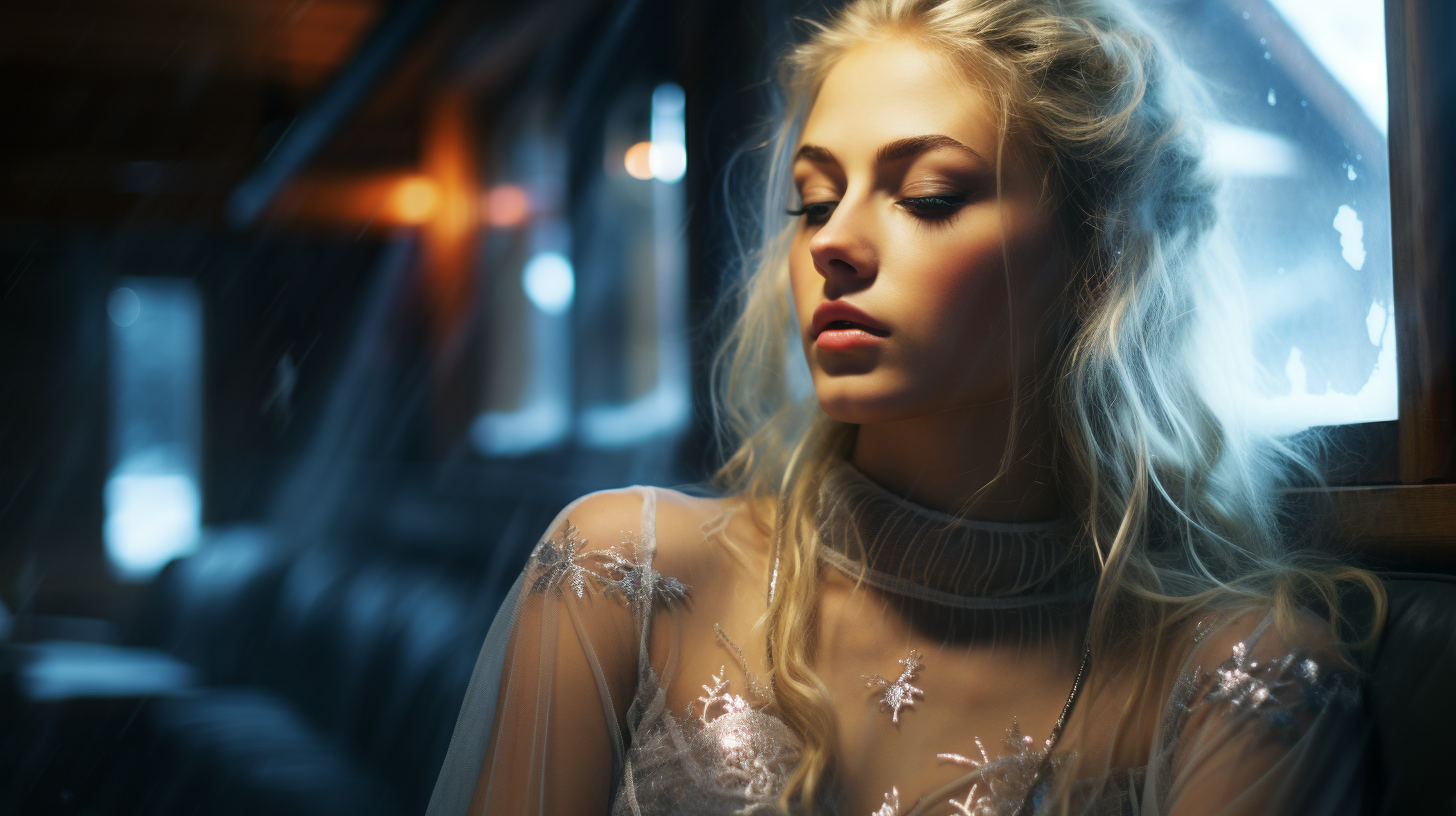 Ethereal Girl in Snowy Chalet