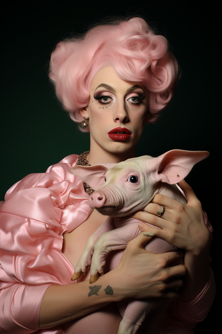 Drag queen Divine holding pig in dress