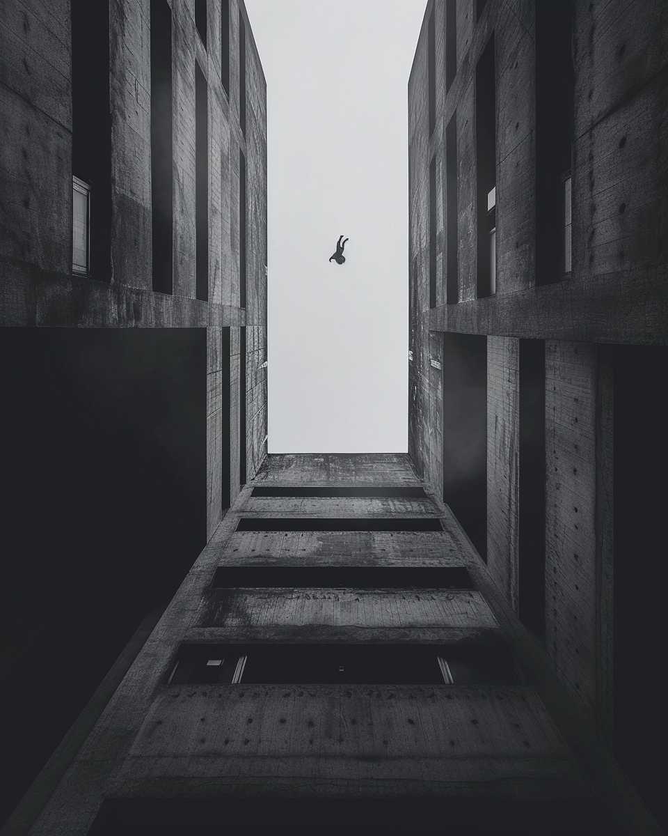 Man diving from monolithic skyscraper at dawn