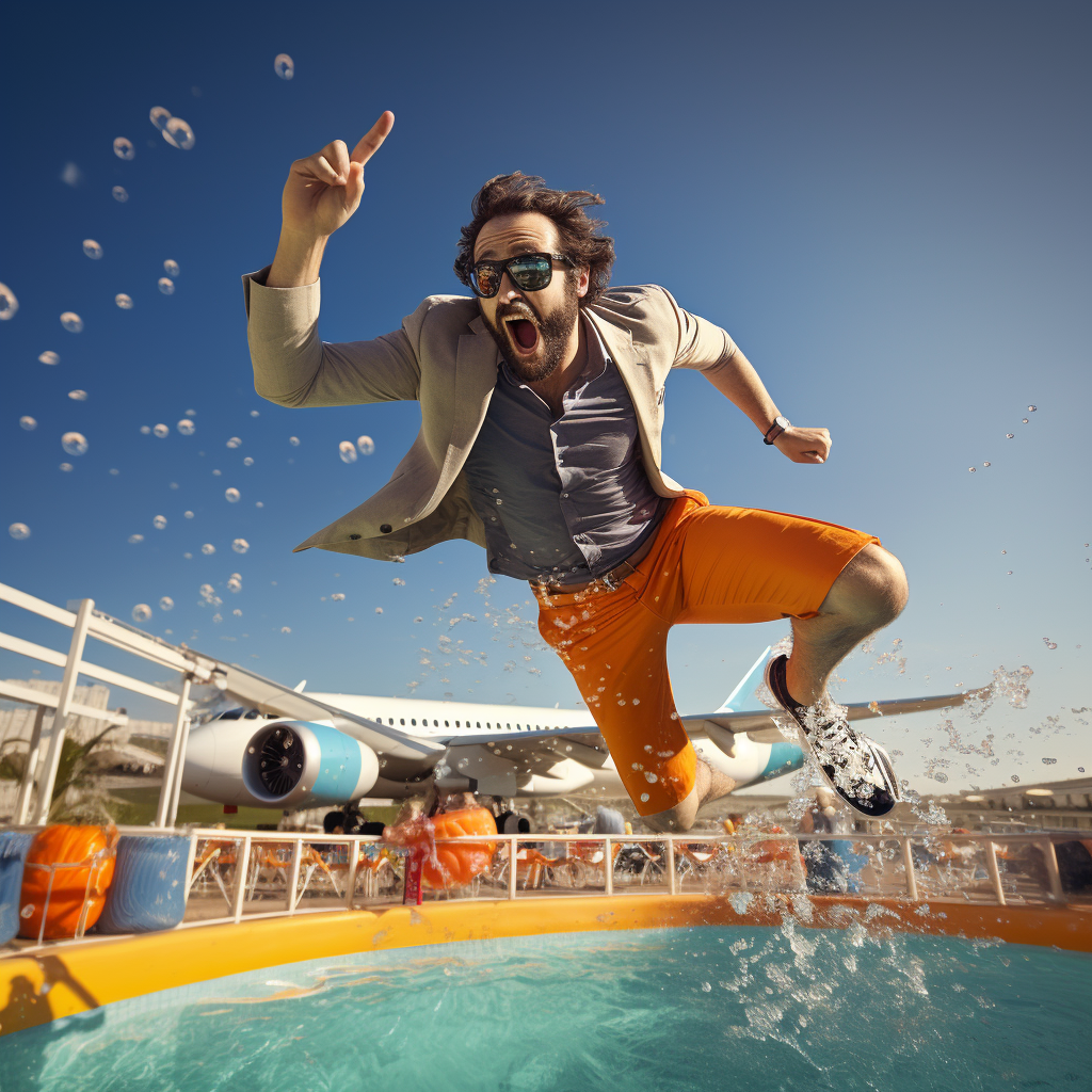 Man drinking beer and swimming in oranges-filled pool