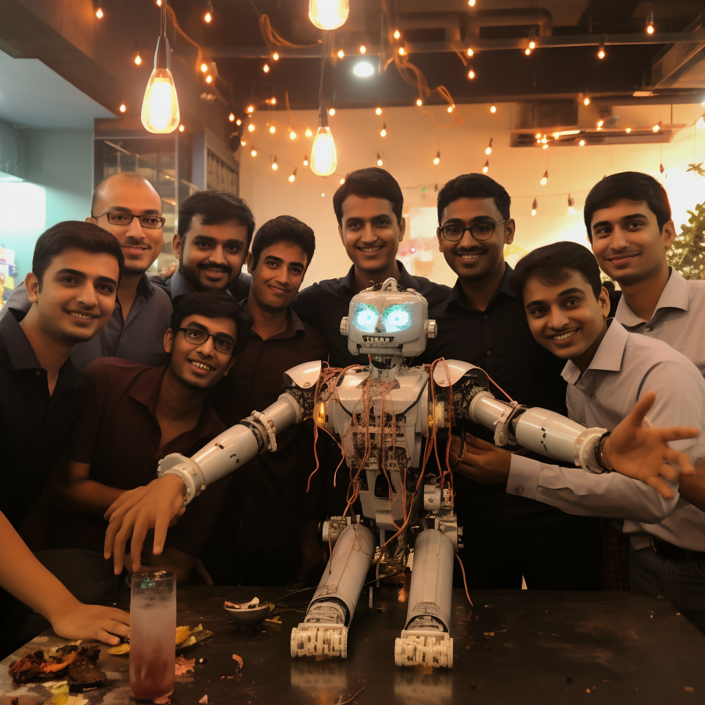 Indian engineering students celebrating Diwali with robots