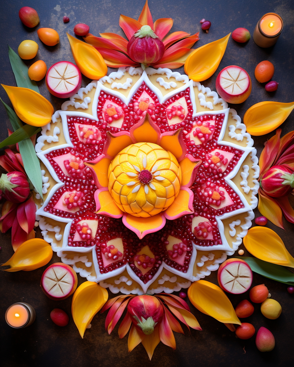 Colorful Diwali Mandala with Mango, Pomegranate, and Dragon Fruit Seeds